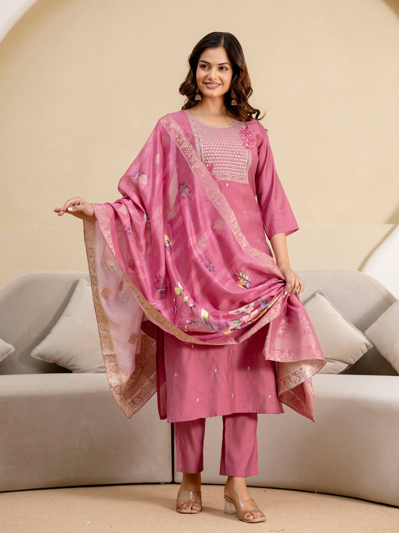Pink Roman Silk Embroidery Salwar Suit with Floral Print Dupatta Set For Women's Trendmalls