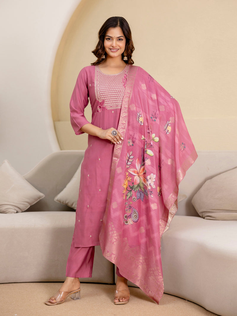 Pink Roman Silk Embroidery Salwar Suit with Floral Print Dupatta Set For Women's Trendmalls