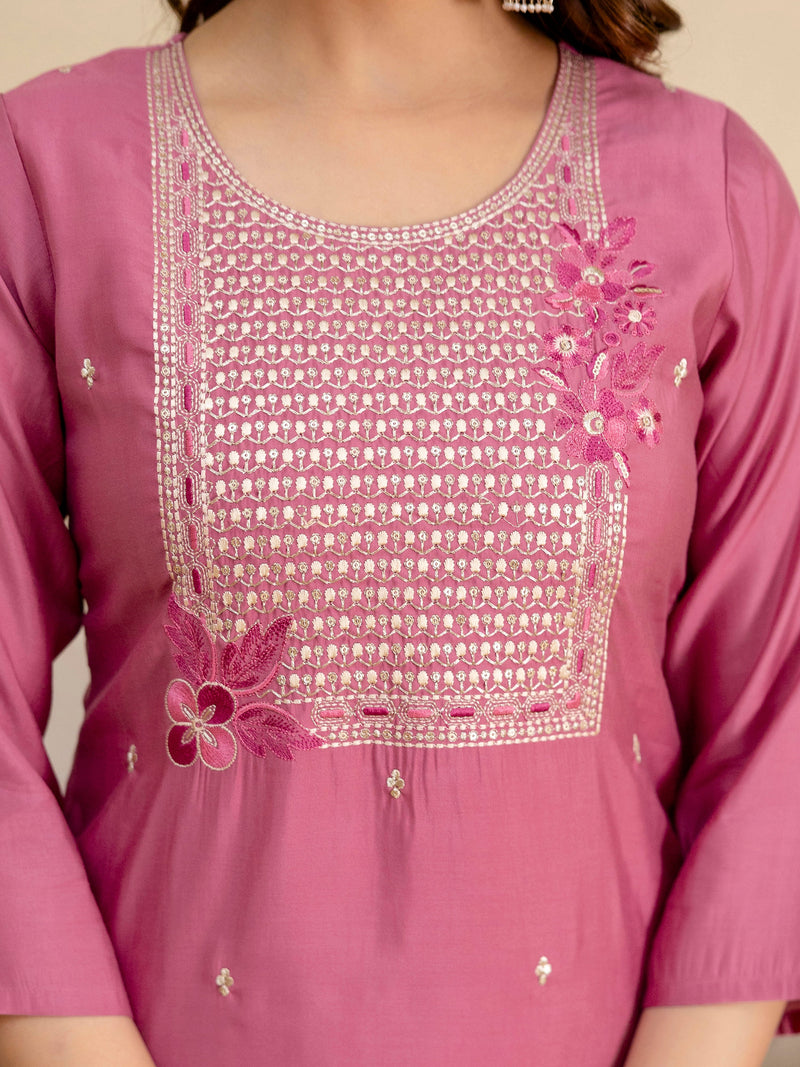 Pink Roman Silk Embroidery Salwar Suit with Floral Print Dupatta Set For Women's Trendmalls