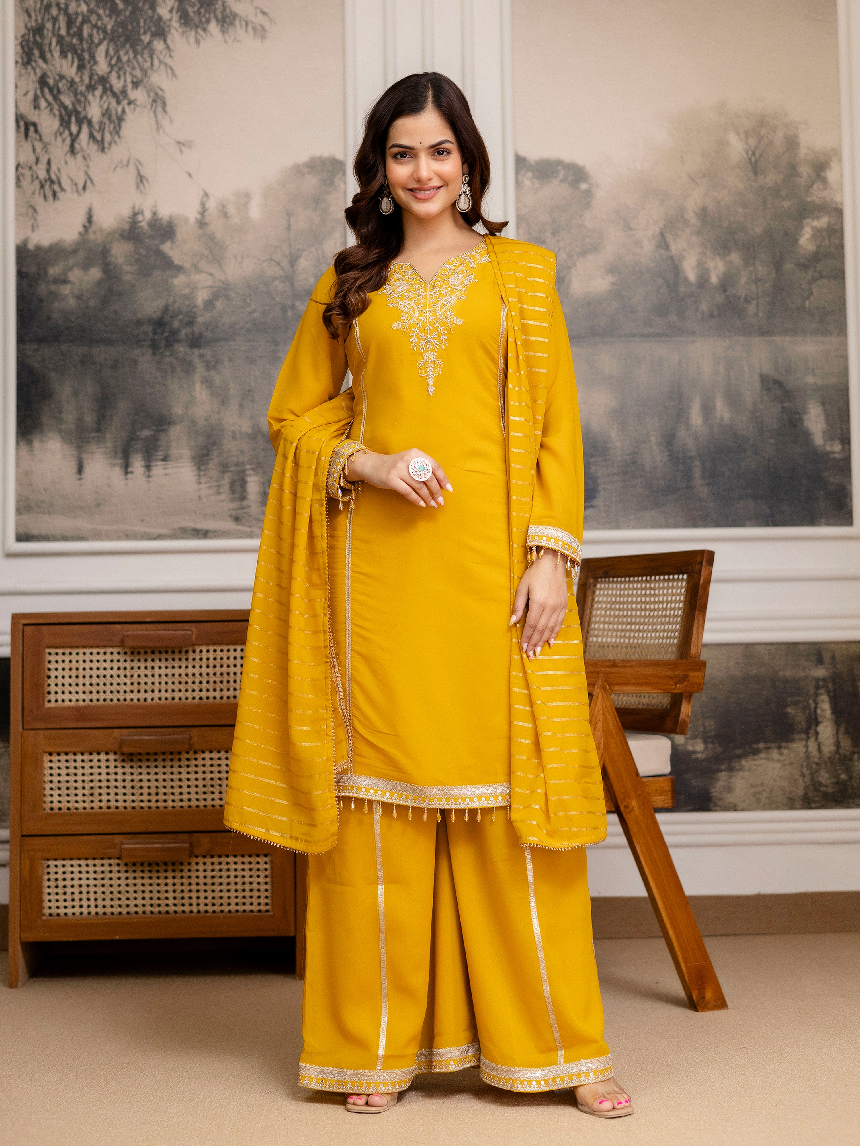 Yellow Star Georgette Beads Embroidery Work Kurta Palazzo with Dupatta For Women