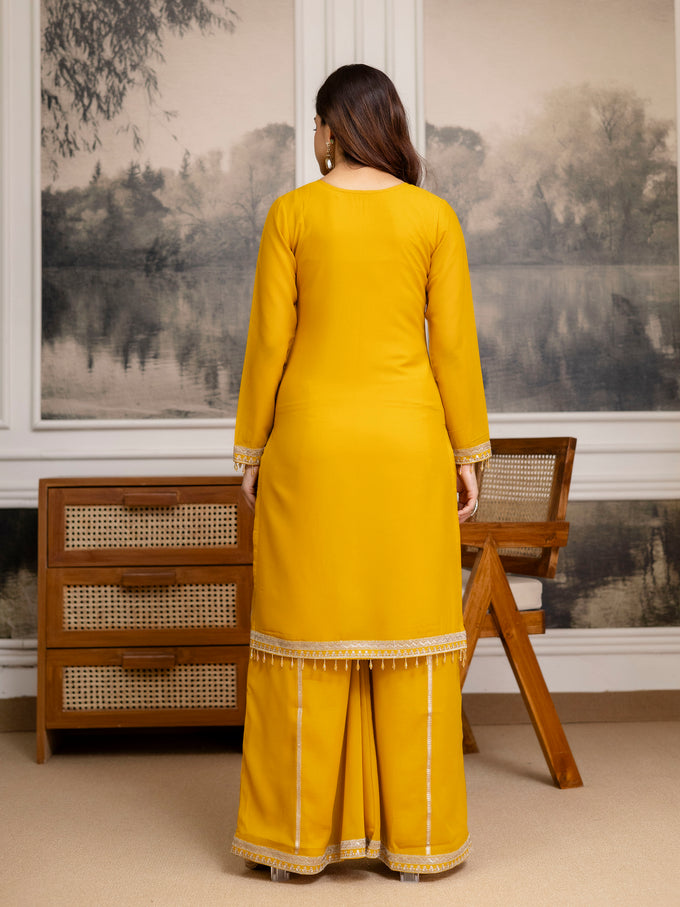 Yellow Star Georgette Beads Embroidery Work Kurta Palazzo with Dupatta For Women