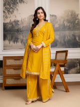 Yellow Star Georgette Beads Embroidery Work Kurta Palazzo with Dupatta For Women