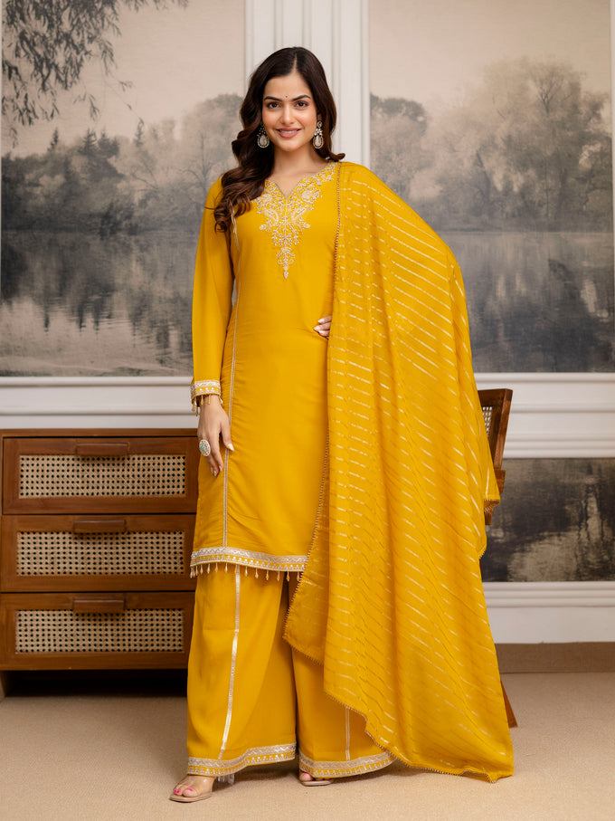 Yellow Star Georgette Beads Embroidery Work Kurta Palazzo with Dupatta For Women