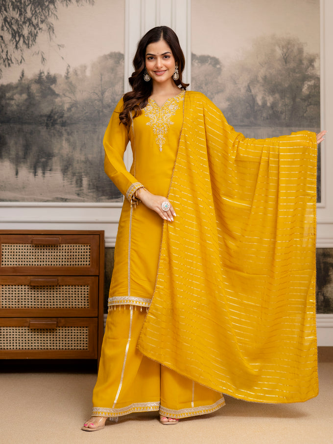 Yellow Star Georgette Beads Embroidery Work Kurta Palazzo with Dupatta For Women