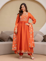 Orange Art Silk Hand Work Embroidery Anarkali Kurta Pant with Dupatta Trendmalls