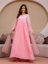 Peach Georgette Beads Embroidery Work Anarkali Kurta Pant with Dupatta For Women