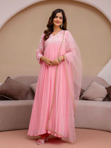 Peach Georgette Beads Embroidery Work Anarkali Kurta Pant with Dupatta For Women