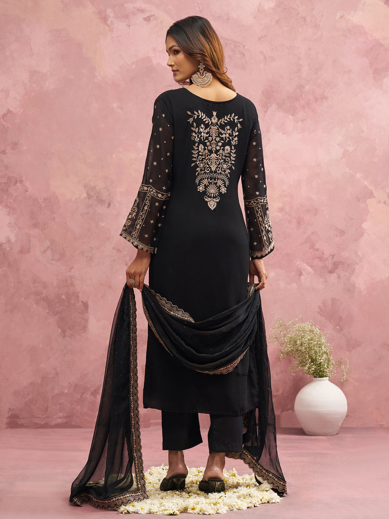 Black Georgette Beads Embroidery Work Kurta Pant Set with Dupatta For Women
