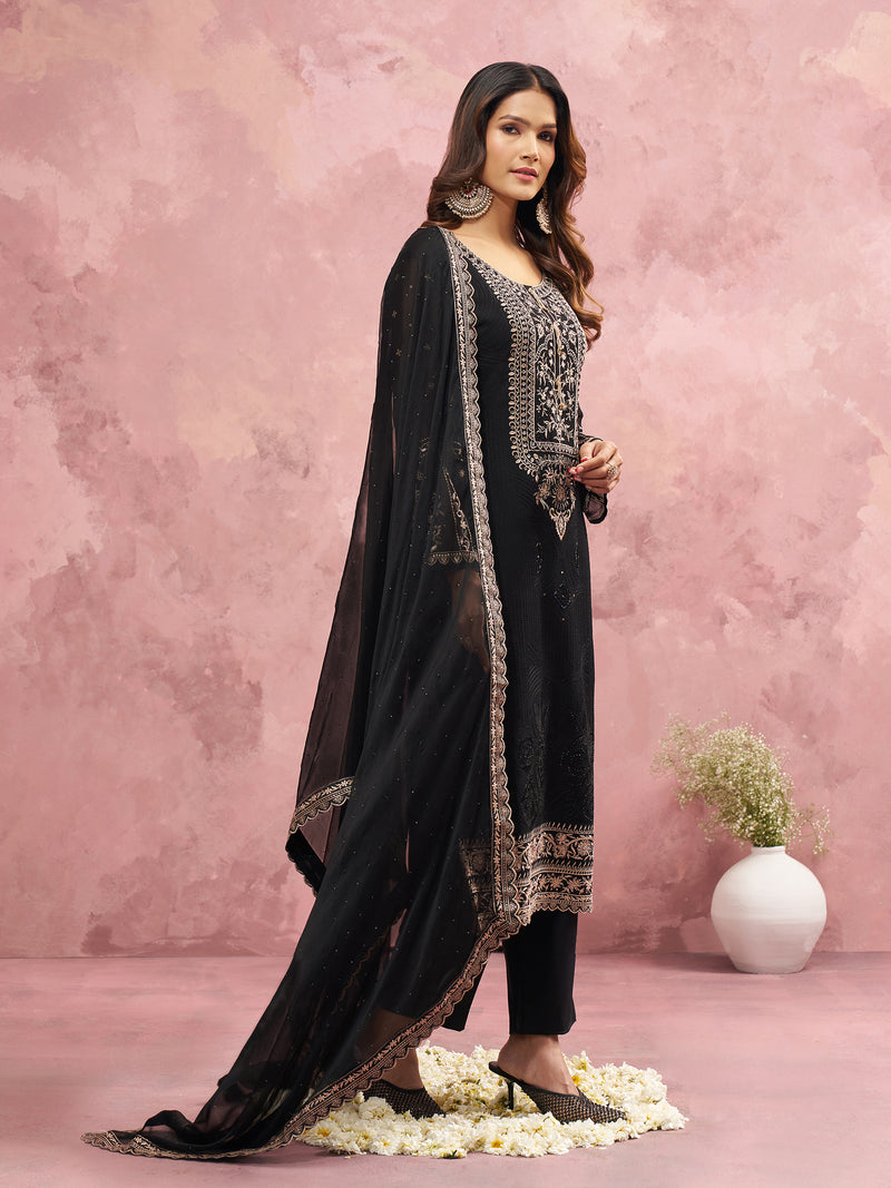 Black Georgette Beads Embroidery Work Kurta Pant Set with Dupatta For Women