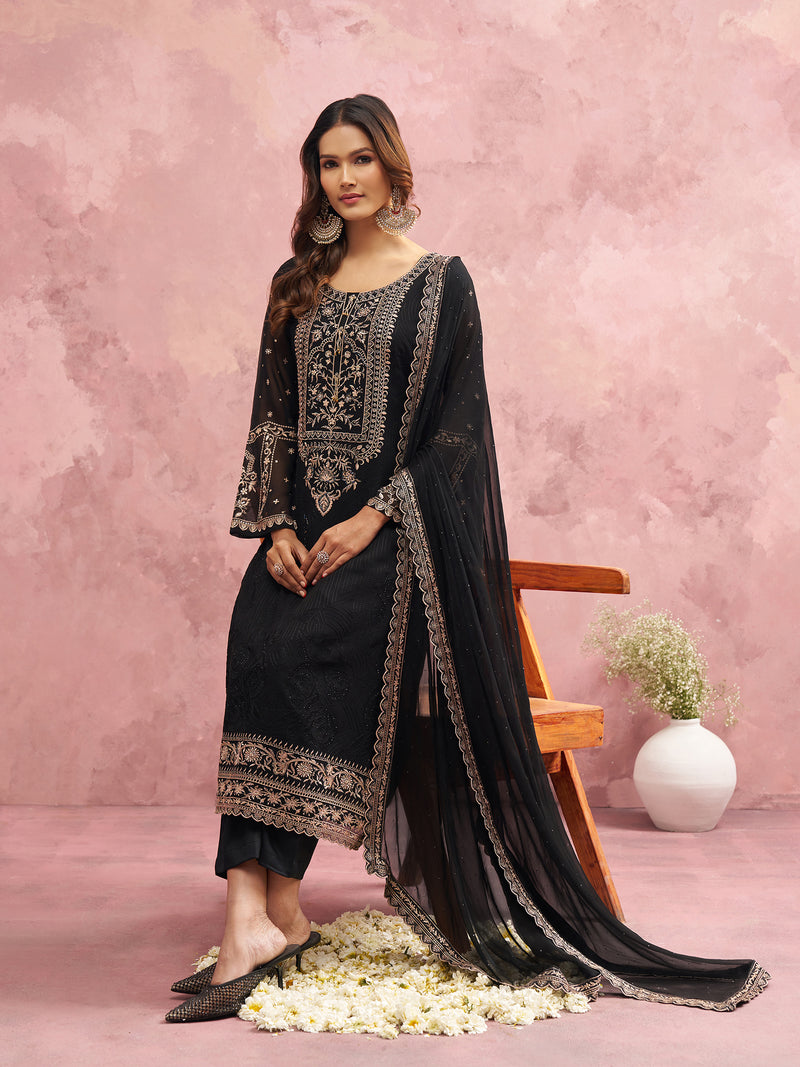 Black Georgette Beads Embroidery Work Kurta Pant Set with Dupatta For Women