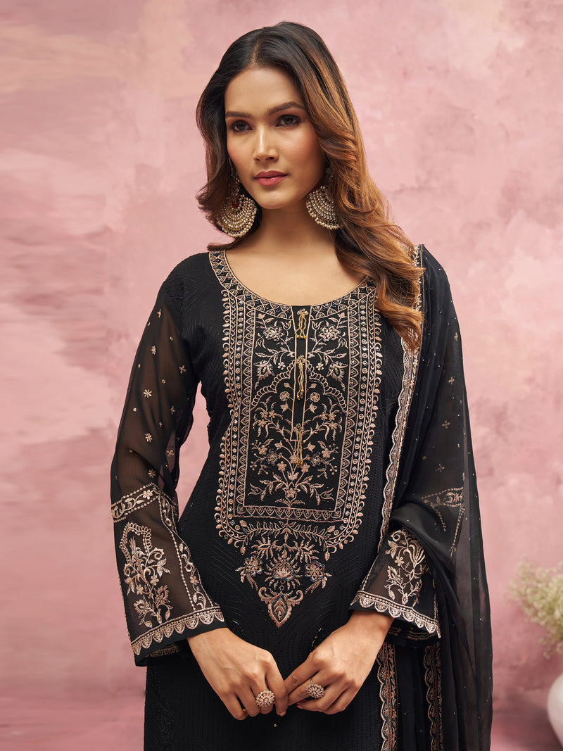 Black Georgette Beads Embroidery Work Kurta Pant Set with Dupatta For Women