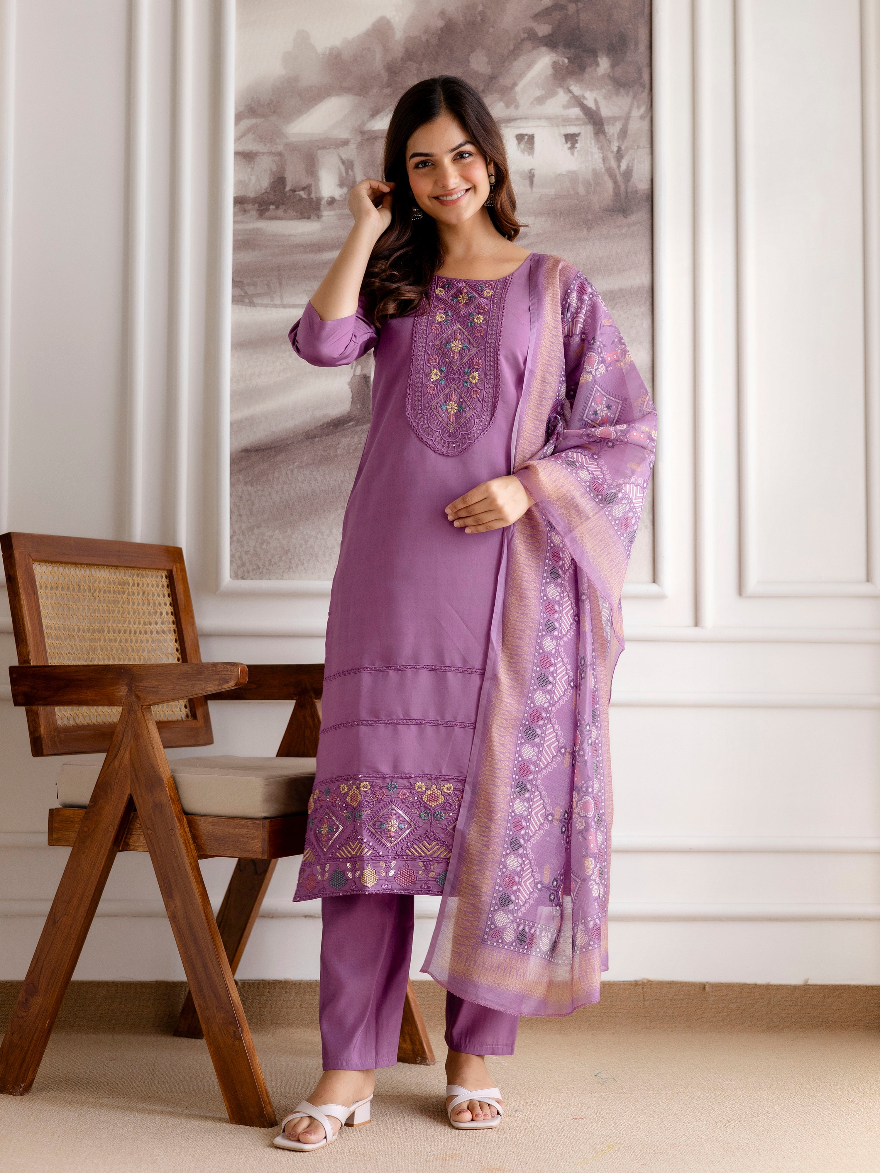 Purple Roman Chanderi Embroidery Salwar Suit with Dupatta Set For Women's Trendmalls