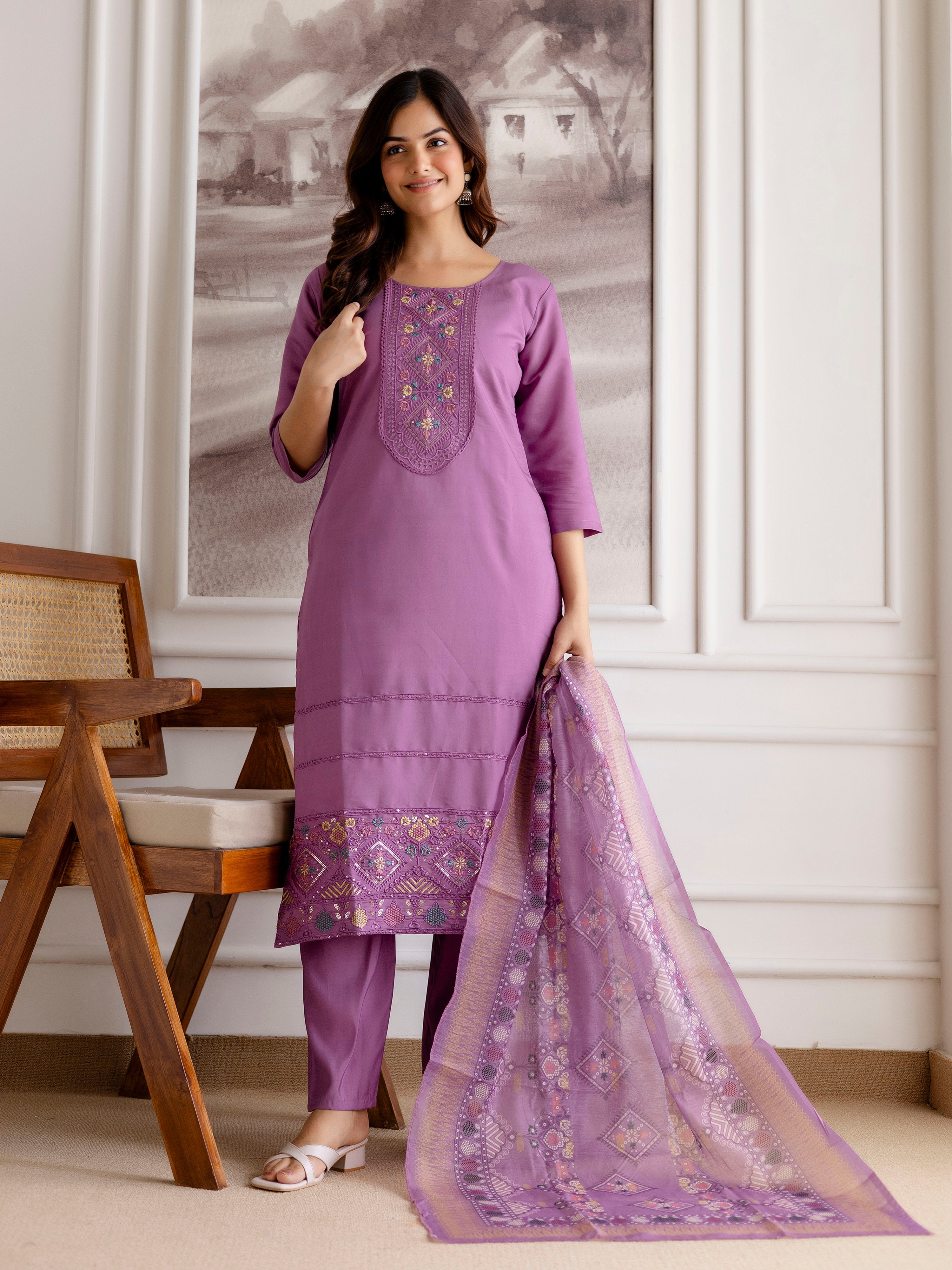 Purple Roman Chanderi Embroidery Salwar Suit with Dupatta Set For Women's Trendmalls