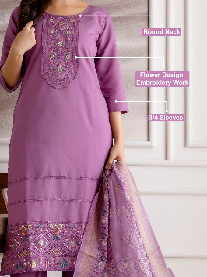 Purple Roman Chanderi Embroidery Salwar Suit with Dupatta Set For Women's Trendmalls