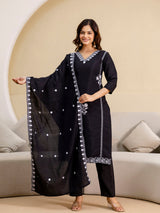 Black Chanderi Embroidery Salwar Suit with Dupatta Set For Women's Trendmalls