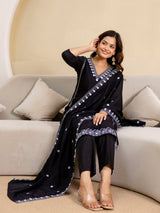 Black Chanderi Embroidery Salwar Suit with Dupatta Set For Women's Trendmalls