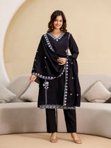 Black Chanderi Embroidery Salwar Suit with Dupatta Set For Women's Trendmalls