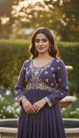 Purple Georgette Embroidery sequence Work Anarkali Kurta Pant With Dupatta For Women