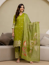 Parrot Art Silk Embroidery Sequence Work Kurta Palazzo Set with Dupatta Salwar Suit Set Trendmalls