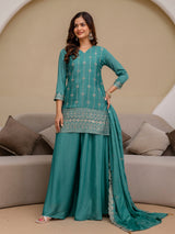 Turquoise Art Silk Embroidery Sequence Work Kurta Palazzo Set with Dupatta Salwar Suit Set Trendmalls