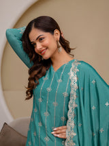 Turquoise Art Silk Embroidery Sequence Work Kurta Palazzo Set with Dupatta Salwar Suit Set Trendmalls