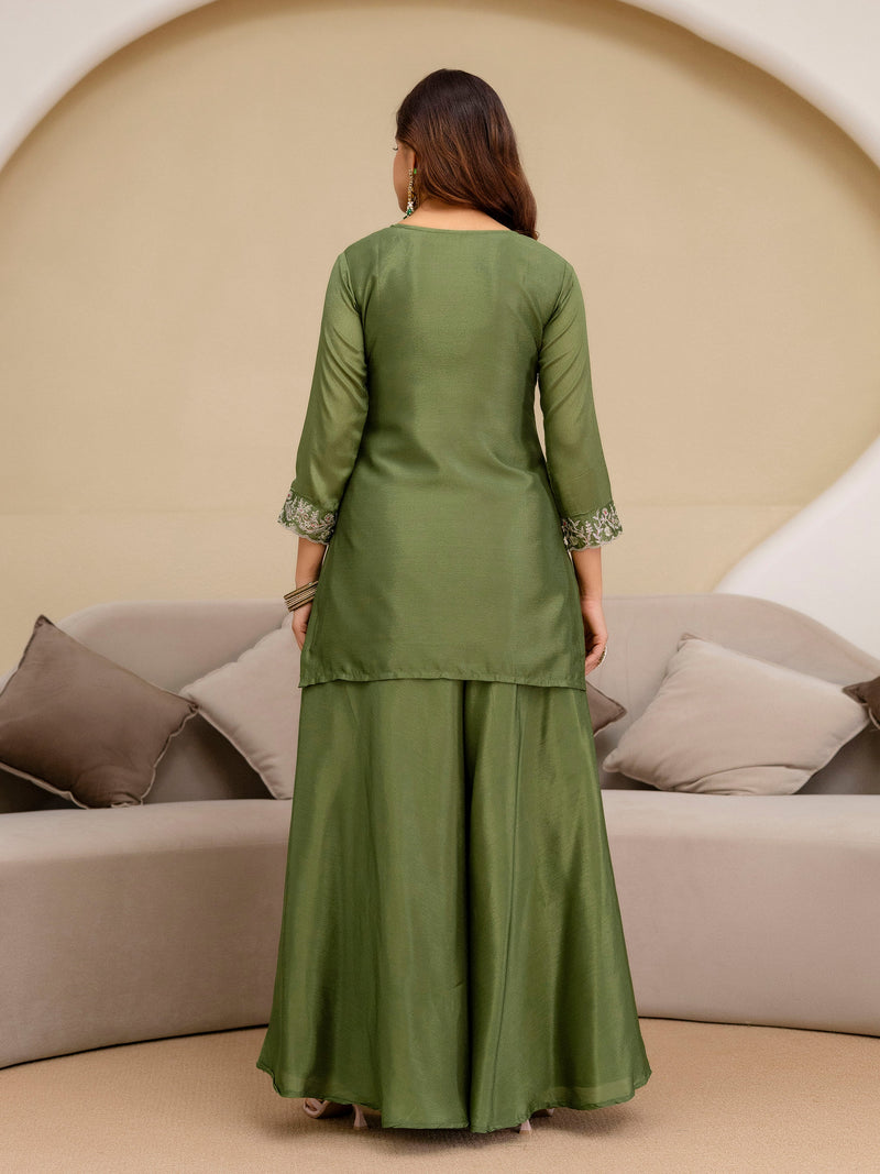 Mehndi Art Silk Embroidery Sequence Work Kurta Palazzo Set with Dupatta Salwar Suit Set Trendmalls