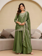 Mehndi Art Silk Embroidery Sequence Work Kurta Palazzo Set with Dupatta Salwar Suit Set Trendmalls