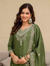 Mehndi Art Silk Embroidery Sequence Work Kurta Palazzo Set with Dupatta Salwar Suit Set Trendmalls