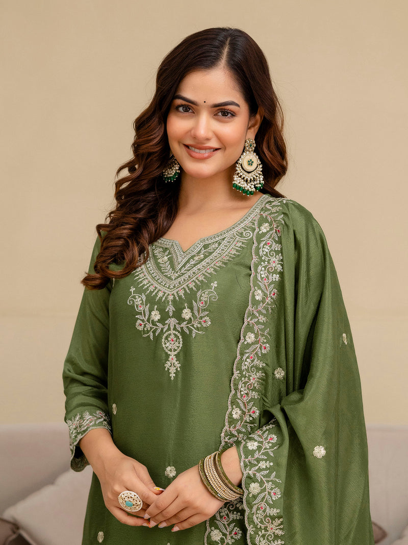 Mehndi Art Silk Embroidery Sequence Work Kurta Palazzo Set with Dupatta Salwar Suit Set Trendmalls