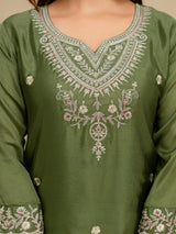 Mehndi Art Silk Embroidery Sequence Work Kurta Palazzo Set with Dupatta Salwar Suit Set Trendmalls