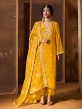Yellow Art Silk  Embroidery Work Kurta Palazzo with Dupatta For Women