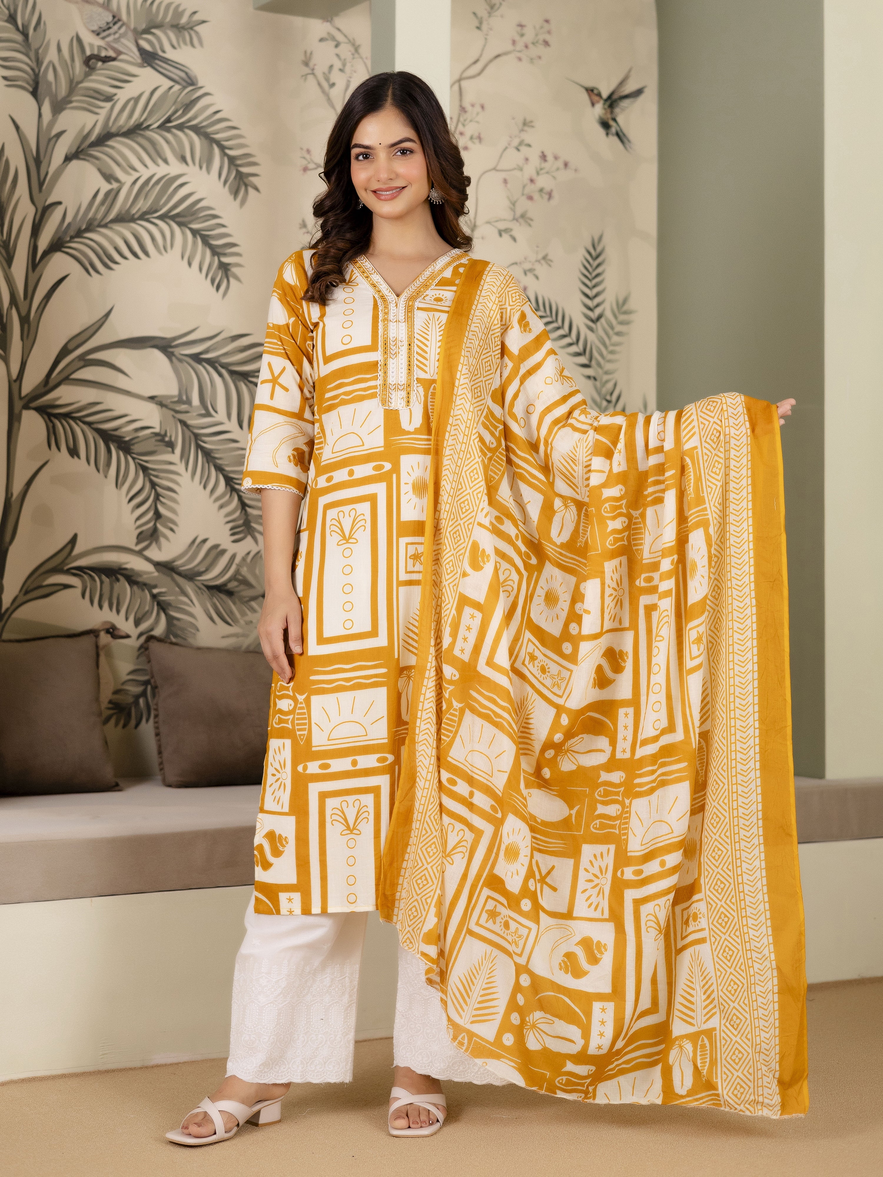 Yellow Cotton Embroidery Work Kurta Pant Set with Dupatta Salwar Suit Set Trendmalls