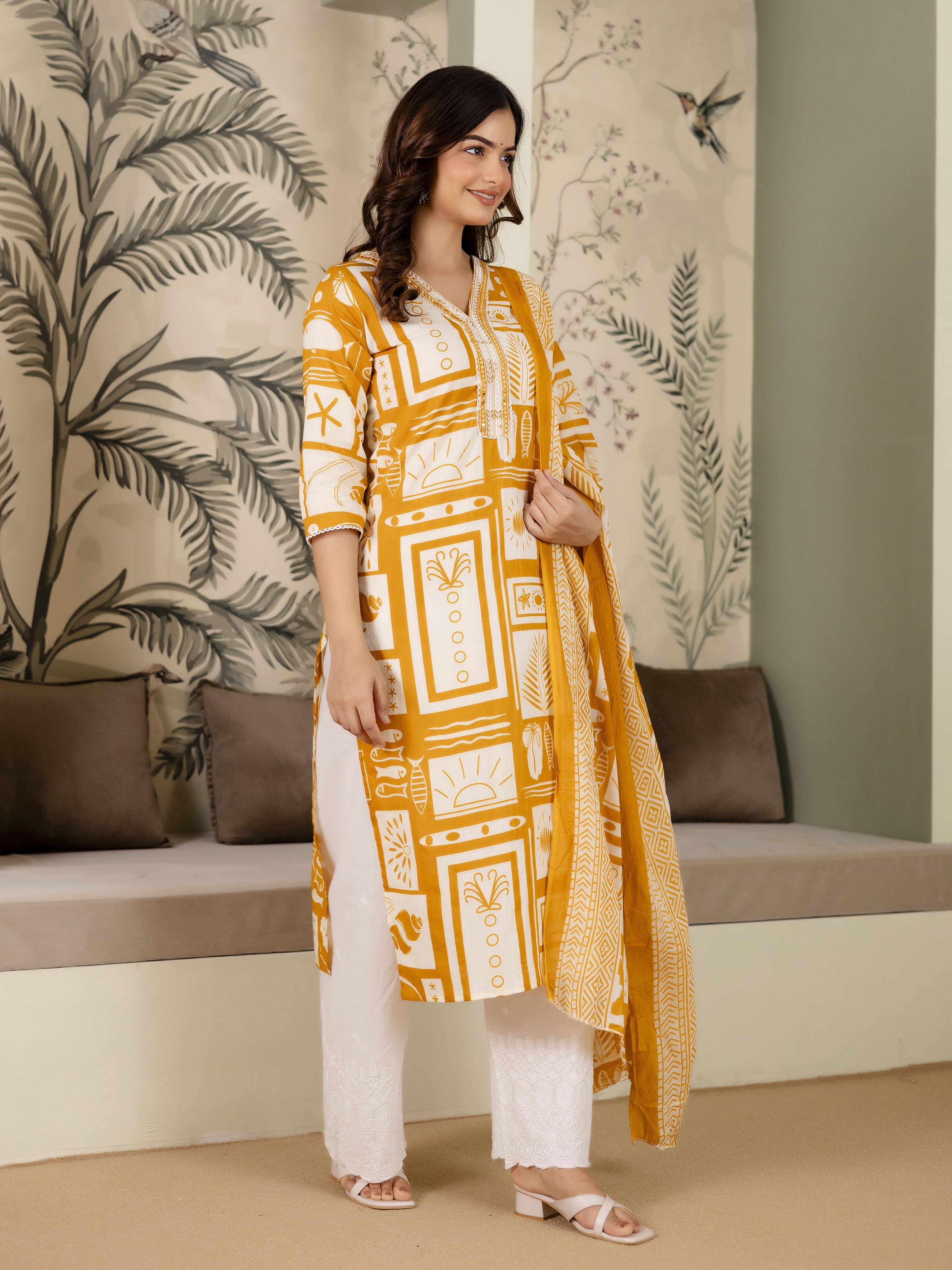 Yellow Cotton Embroidery Work Kurta Pant Set with Dupatta Salwar Suit Set Trendmalls