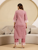 Peach Pure Cotton Embroidery Geometric Print Kurta Pant with Dupatta Set Trendmalls