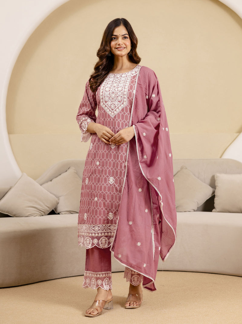 Peach Pure Cotton Embroidery Geometric Print Kurta Pant with Dupatta Set Trendmalls