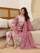 Peach Pure Cotton Embroidery Geometric Print Kurta Pant with Dupatta Set Trendmalls