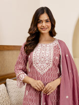 Peach Pure Cotton Embroidery Geometric Print Kurta Pant with Dupatta Set Trendmalls