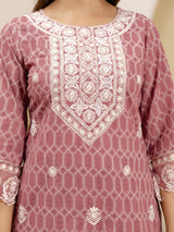 Peach Pure Cotton Embroidery Geometric Print Kurta Pant with Dupatta Set Trendmalls