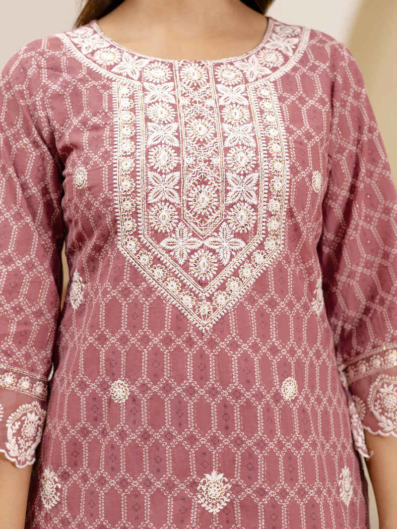 Peach Pure Cotton Embroidery Geometric Print Kurta Pant with Dupatta Set Trendmalls