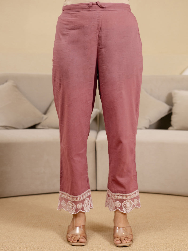 Peach Pure Cotton Embroidery Geometric Print Kurta Pant with Dupatta Set Trendmalls