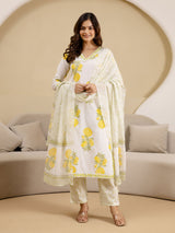 OffWhite Pure Cotton Floral Block Print Kurta Pant with Dupatta Set Trendmalls