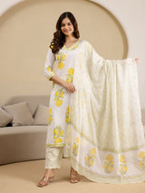 OffWhite Pure Cotton Floral Block Print Kurta Pant with Dupatta Set Trendmalls