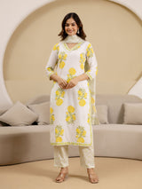 OffWhite Pure Cotton Floral Block Print Kurta Pant with Dupatta Set Trendmalls