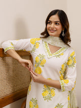 OffWhite Pure Cotton Floral Block Print Kurta Pant with Dupatta Set Trendmalls