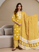 Yellow Pure Cotton Floral Jaal Print Kurta Pant with Dupatta Set