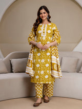 Yellow Pure Cotton Floral Jaal Print Kurta Pant with Dupatta Set
