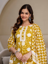 Yellow Pure Cotton Floral Jaal Print Kurta Pant with Dupatta Set