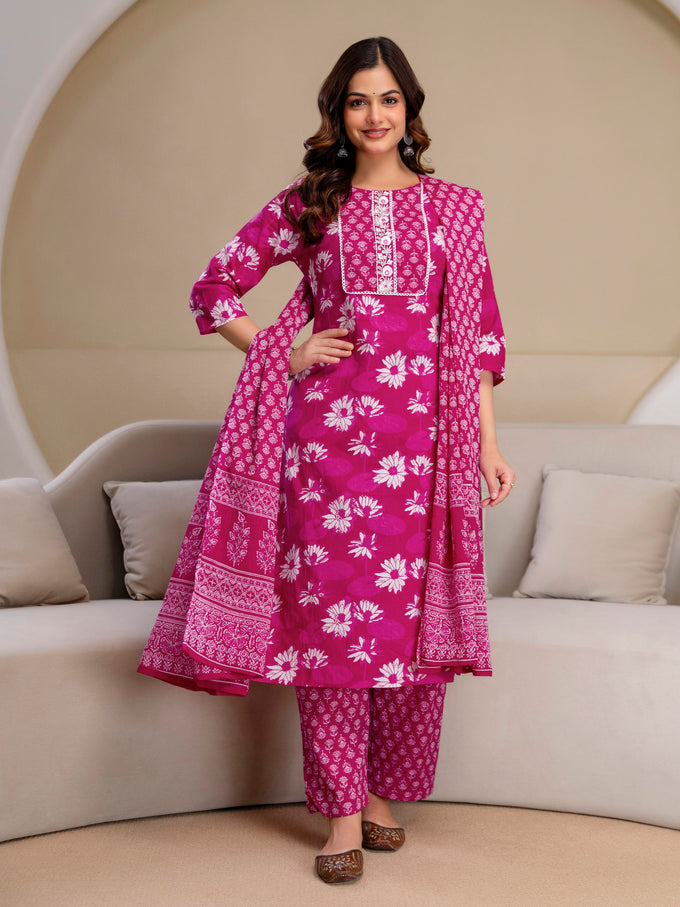 Pink Pure Cotton Floral Print Kurta Pant with Dupatta Set