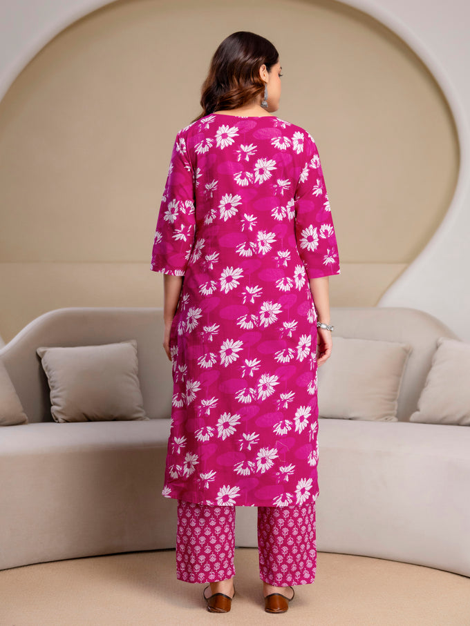 Pink Pure Cotton Floral Print Kurta Pant with Dupatta Set