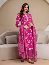 Pink Pure Cotton Floral Print Kurta Pant with Dupatta Set